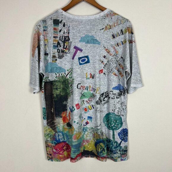 Inoah Top Womens Large Gray Knit Art to Wear Cat Lady Short Sleeve Graphic L - Picture 7 of 11